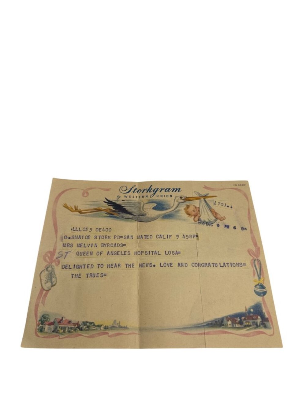Vintage Storkgram Western Union Birth Announcement Card 1950 Congratulations Art
